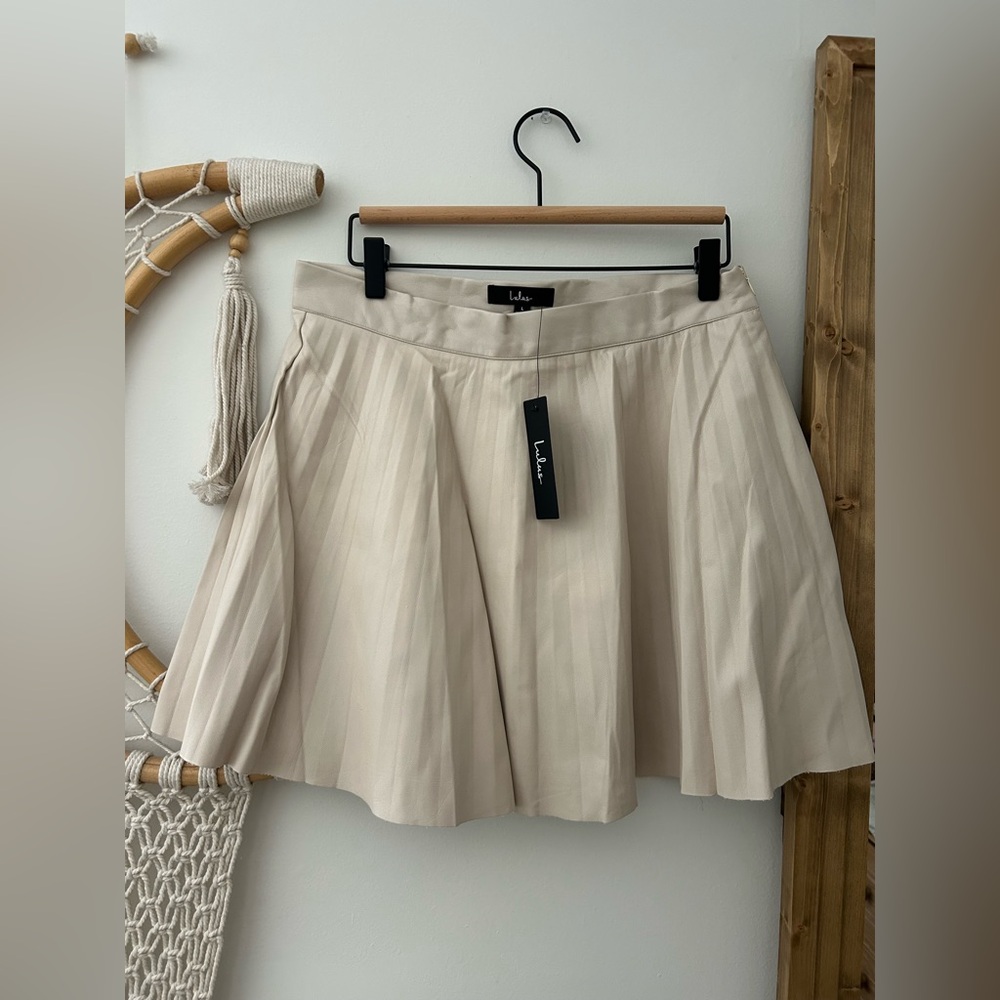 Lulus Better Luck Next Time Beige Vegan Leather Pleated Mini Skirt - Size L
